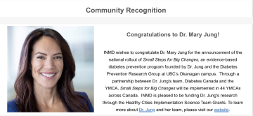 CIHR Institute of Nutrition, Metabolism and Diabetes Recognizes Dr. Mary Jung